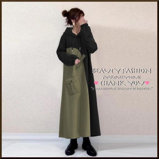 〜3L4L*ミリタリー風配色切替パーカーロングワンピース*黒 < 女性ファッション  〜3L4L*ミリタリー風配色切替パーカーロングワンピース*黒 < 女性ファッションの