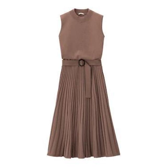 限定セール●ベルト付き!プリーツコンビネーションニットワンピース●茶ブラウン●S●GU < ブランド 限定セール●ベルト付き!プリーツコンビネーションニットワンピース●茶ブラウン●S●GU < ブランドの