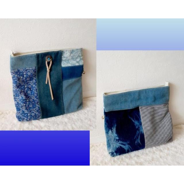 デニムパッチワーク ペイズリー ボーダー ウォッシュ加工 コンチョボタン クラッチバッグ ポーチ < 女性ファッション  デニムパッチワーク ペイズリー ボーダー ウォッシュ加工 コンチョボタン クラッチバッグ ポーチ  < 女性ファッションの