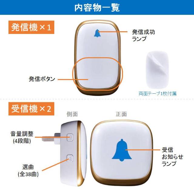 ワイヤレスチャイム 発信機1個と受信機2個 お得セット 光と音で呼び出し 防水 工事 電池不要 ドアベル 玄関 ナースコール 介護 < インテリア/ライフ  ワイヤレスチャイム 発信機1個と受信機2個 お得セット 光と音で呼び出し 防水 工事 電池不要 ドアベル 玄関 ナースコール 介護 < インテリア/ライフの