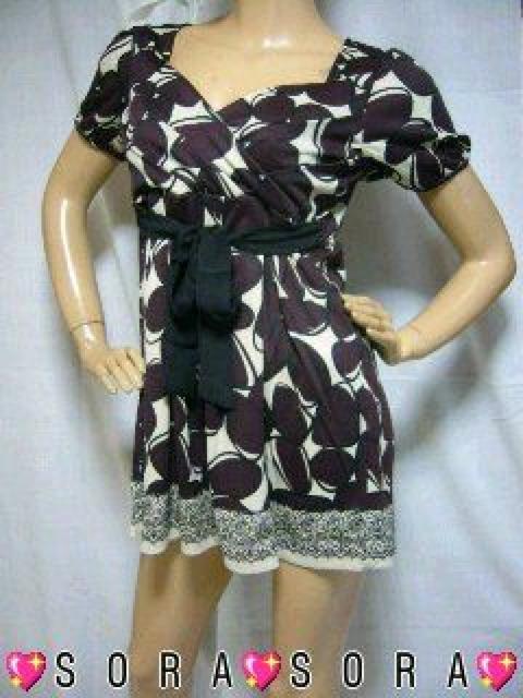 ハイウエスト スタイルアップ♪ジオメ柄 裾切替えリボンチュニックワンピ パープル < 女性ファッション  ハイウエスト スタイルアップ♪ジオメ柄 裾切替えリボンチュニックワンピ パープル  < 女性ファッションの