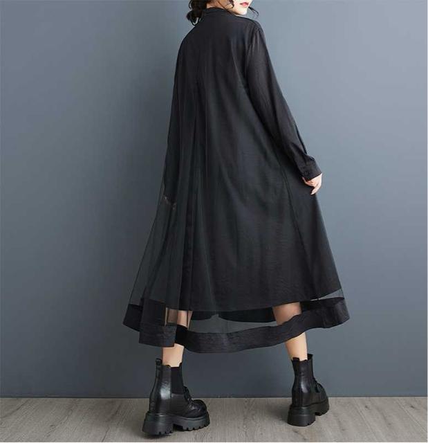 レース重ね着風 ロング丈 フレアワンピース ブラック 大きいサイズ < 女性ファッション  レース重ね着風 ロング丈 フレアワンピース ブラック 大きいサイズ < 女性ファッションの