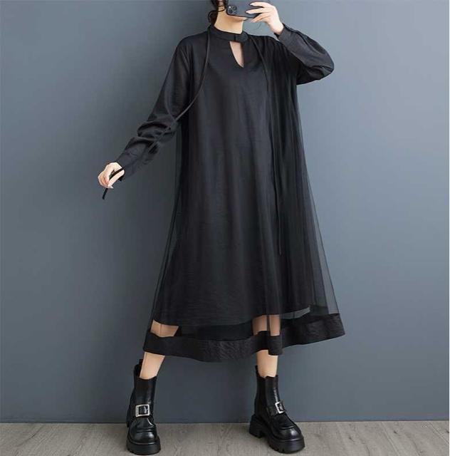レース重ね着風 ロング丈 フレアワンピース ブラック 大きいサイズ < 女性ファッション  レース重ね着風 ロング丈 フレアワンピース ブラック 大きいサイズ < 女性ファッションの