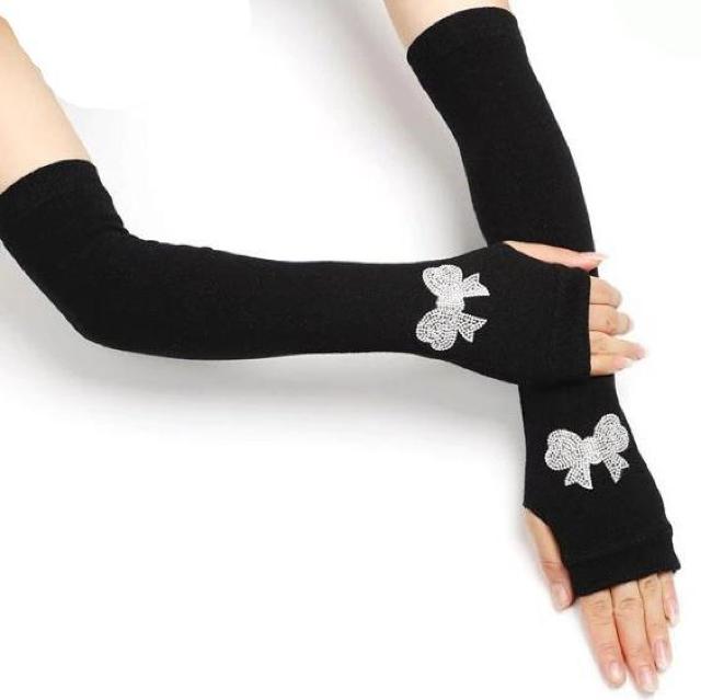 ラインストーン リボン ワッペン アームカバー グローブ 指なし 手袋 < 女性ファッション ラインストーン リボン ワッペン アームカバー グローブ 指なし 手袋 < 女性ファッションの