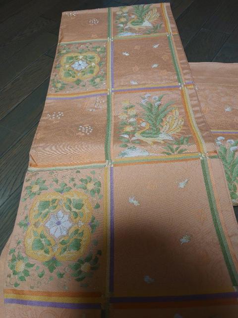 たぶん未使用、六通の袋帯、芯なし、サーモンピンクに柄 < 女性ファッション  たぶん未使用、六通の袋帯、芯なし、サーモンピンクに柄 < 女性ファッションの