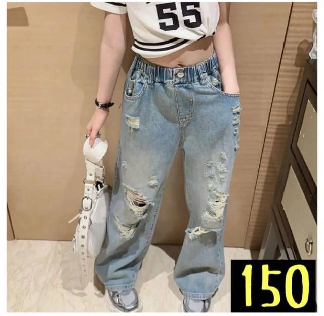 ジュニア ガールズ デニムパンツ ダメージ加工 洗練デザイン 加工デニムパンツ < キッズ/ベビー ジュニア ガールズ デニムパンツ ダメージ加工 洗練デザイン 加工デニムパンツ < キッズ/ベビーの