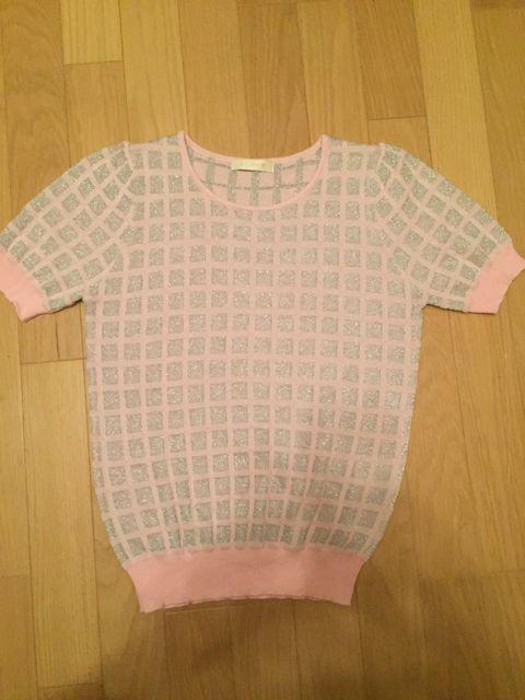 WORLD 半袖薄手ニットトップス シルバー×ピンク格子柄 < 女性ファッション  WORLD 半袖薄手ニットトップス シルバー×ピンク格子柄  < 女性ファッションの