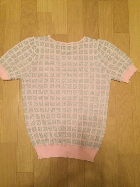 WORLD 半袖薄手ニットトップス シルバー×ピンク格子柄 < 女性ファッション  WORLD 半袖薄手ニットトップス シルバー×ピンク格子柄 < 女性ファッションの