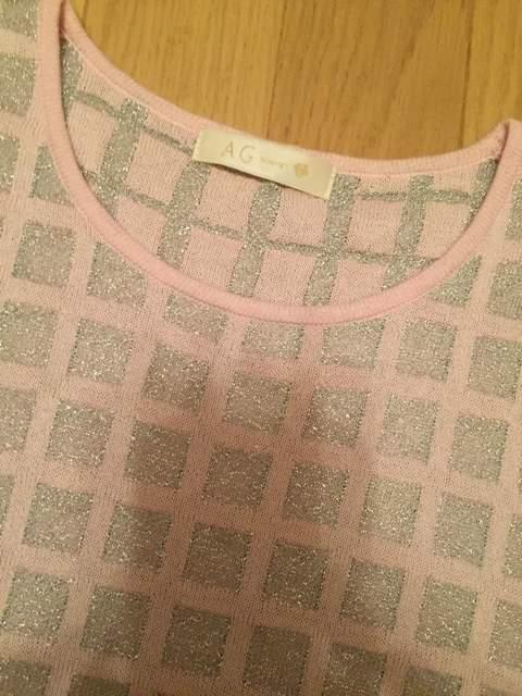 WORLD 半袖薄手ニットトップス シルバー×ピンク格子柄 < 女性ファッション  WORLD 半袖薄手ニットトップス シルバー×ピンク格子柄 < 女性ファッションの