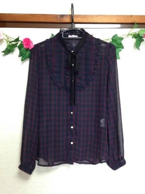 ハニーズ◆ネイビー チェック シースルー ブラウス シャツ M < ブランド  ハニーズ◆ネイビー チェック シースルー ブラウス シャツ M  < ブランドの