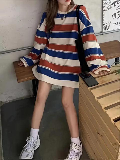 爆ヤス価格価格1090円★韓国ファッション オーバーサイズパーカー 長袖 レディース トップス ストライプ Tシャツ 日本サイズL < 女性ファッション 爆ヤス価格価格1090円★韓国ファッション オーバーサイズパーカー 長袖 レディース トップス ストライプ Tシャツ 日本サイズL < 女性ファッションの