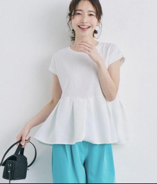 異素材切り替えフレンチスリーブフレアトップス ホワイト M < 女性ファッション  異素材切り替えフレンチスリーブフレアトップス ホワイト M < 女性ファッションの