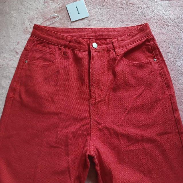 ★大きいサイズ脚長効果★赤レッドビタミンカラー可愛い♪綿コットン快適天然素材♪ロングワイドストレート☆お洒落カラーデニムパンツ < 女性ファッション  ★大きいサイズ脚長効果★赤レッドビタミンカラー可愛い♪綿コットン快適天然素材♪ロングワイドストレート☆お洒落カラーデニムパンツ < 女性ファッションの