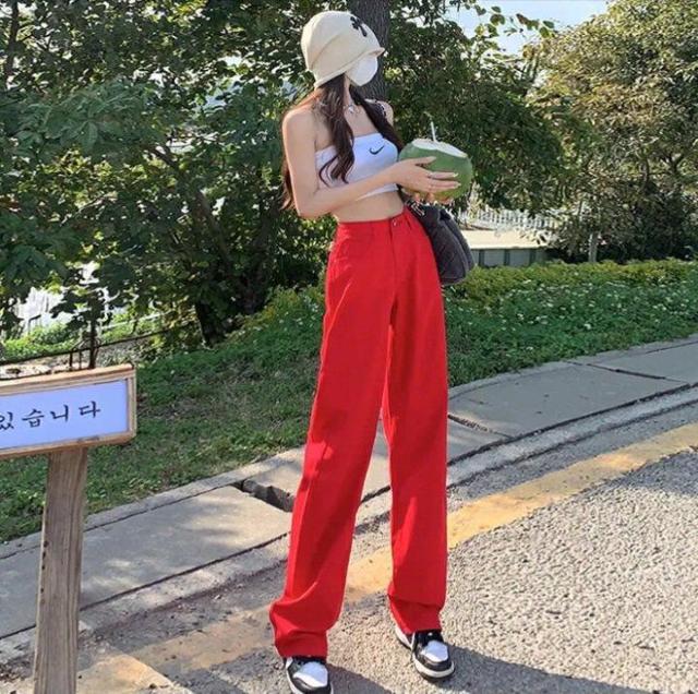 ★大きいサイズ脚長効果★赤レッドビタミンカラー可愛い♪綿コットン快適天然素材♪ロングワイドストレート☆お洒落カラーデニムパンツ < 女性ファッション  ★大きいサイズ脚長効果★赤レッドビタミンカラー可愛い♪綿コットン快適天然素材♪ロングワイドストレート☆お洒落カラーデニムパンツ < 女性ファッションの