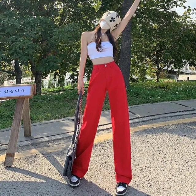 ★大きいサイズ脚長効果★赤レッドビタミンカラー可愛い♪綿コットン快適天然素材♪ロングワイドストレート☆お洒落カラーデニムパンツ < 女性ファッション  ★大きいサイズ脚長効果★赤レッドビタミンカラー可愛い♪綿コットン快適天然素材♪ロングワイドストレート☆お洒落カラーデニムパンツ < 女性ファッションの