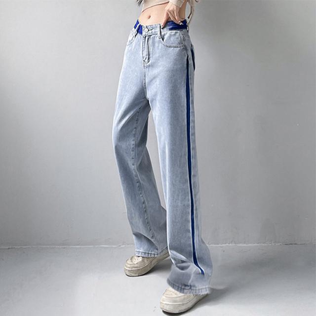 送料無料 新品  配色ストレートデニムパンツ ハイウエスト < 女性ファッション  送料無料 新品  配色ストレートデニムパンツ ハイウエスト  < 女性ファッションの