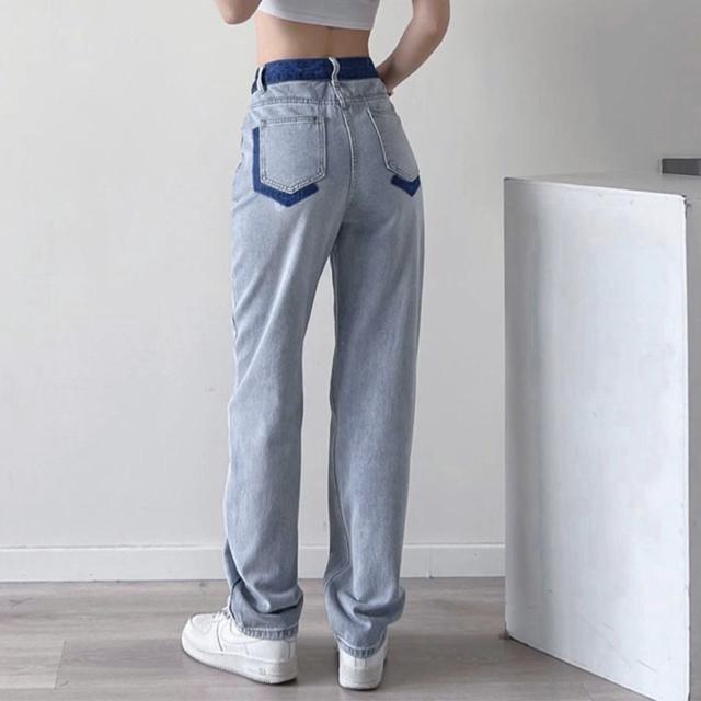 送料無料 新品  配色ストレートデニムパンツ ハイウエスト < 女性ファッション  送料無料 新品  配色ストレートデニムパンツ ハイウエスト < 女性ファッションの