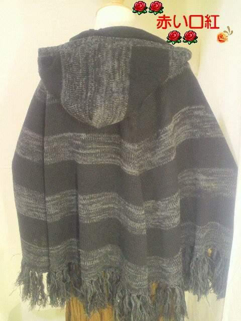 Mサイズ〜*ボーダーニットフード付ポンチョボリューム・フリッジグレー < 女性ファッション  Mサイズ〜*ボーダーニットフード付ポンチョボリューム・フリッジグレー < 女性ファッションの