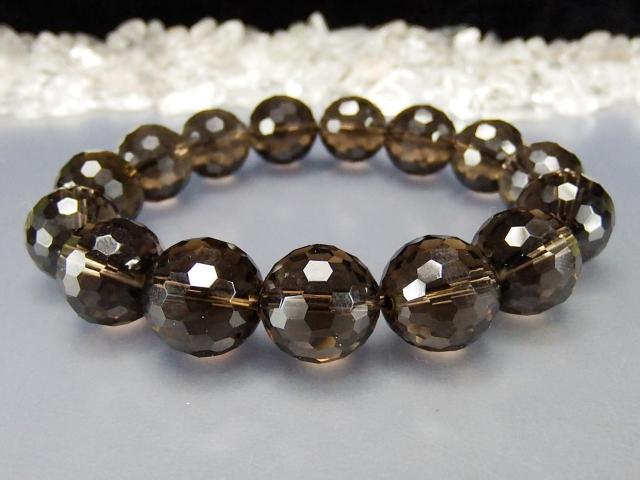 茶水晶スモーキークォーツ大玉128面カット約14mmAAA±天然石数珠ブレスレット < 男性アクセサリー/時計  茶水晶スモーキークォーツ大玉128面カット約14mmAAA±天然石数珠ブレスレット < 男性アクセサリー/時計の