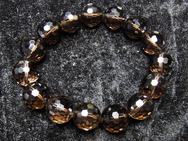茶水晶スモーキークォーツ大玉128面カット約14mmAAA±天然石数珠ブレスレット < 男性アクセサリー/時計  茶水晶スモーキークォーツ大玉128面カット約14mmAAA±天然石数珠ブレスレット < 男性アクセサリー/時計の