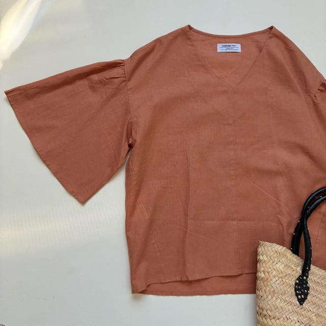 ◆美品◆チャオパニックティピー◆リネン混 五分袖ブラウス◆綿麻◆オレンジ◆フリー < 女性ファッション  ◆美品◆チャオパニックティピー◆リネン混 五分袖ブラウス◆綿麻◆オレンジ◆フリー < 女性ファッションの