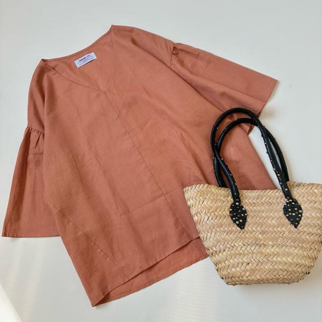 ◆美品◆チャオパニックティピー◆リネン混 五分袖ブラウス◆綿麻◆オレンジ◆フリー < 女性ファッション  ◆美品◆チャオパニックティピー◆リネン混 五分袖ブラウス◆綿麻◆オレンジ◆フリー < 女性ファッションの