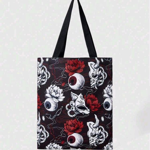 新品★般若面と目玉と花プリントキャンパストート < 女性ファッション  新品★般若面と目玉と花プリントキャンパストート  < 女性ファッションの