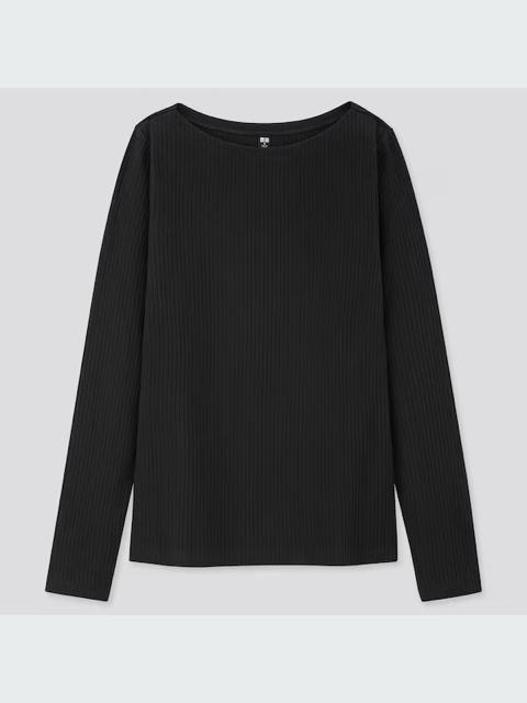 ユニクロ リブボートネックT  長袖Tシャツ 長袖カットソー 黒 ブラック L < ブランド  ユニクロ リブボートネックT  長袖Tシャツ 長袖カットソー 黒 ブラック L  < ブランドの