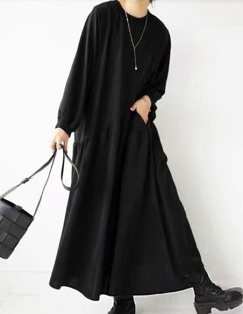 フレア ロングワンピース Aライン 長袖 ブラック 大きいサイズ < 女性ファッション フレア ロングワンピース Aライン 長袖 ブラック 大きいサイズ < 女性ファッションの