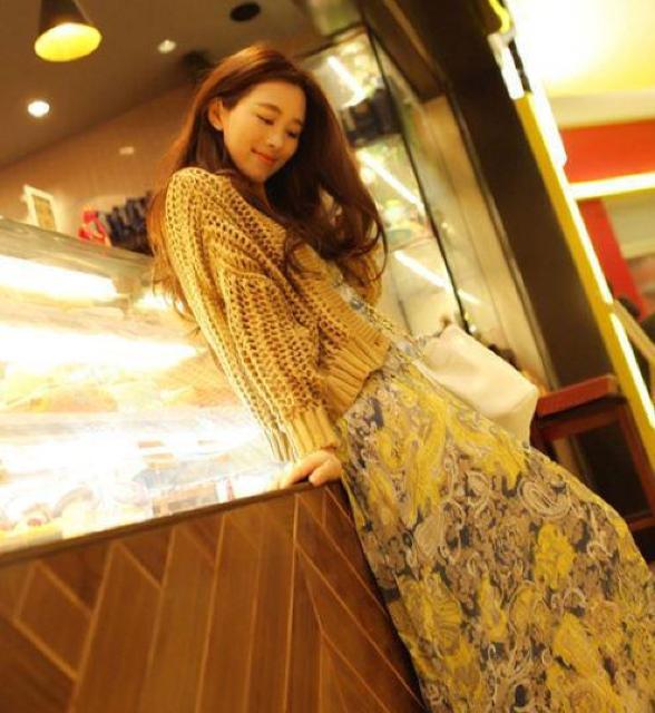 レディース ロング丈 シフォン ワンピース フリーサイズ イエロー×ネイビー < 女性ファッション  レディース ロング丈 シフォン ワンピース フリーサイズ イエロー×ネイビー < 女性ファッションの