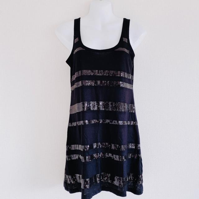 MercuryLuxブラック黒スパンコールボーダーチュニックワンピース < ブランド MercuryLuxブラック黒スパンコールボーダーチュニックワンピース < ブランドの