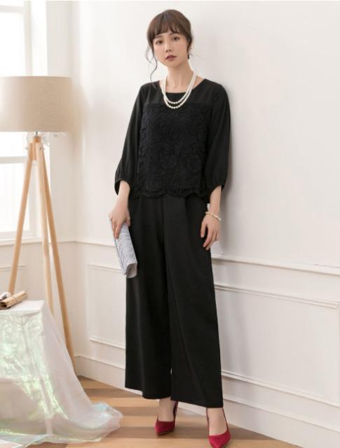 レーストップススラックスパンツのパンツドレス/大きめ XXL ブラック < 女性ファッション  レーストップススラックスパンツのパンツドレス/大きめ XXL ブラック  < 女性ファッションの