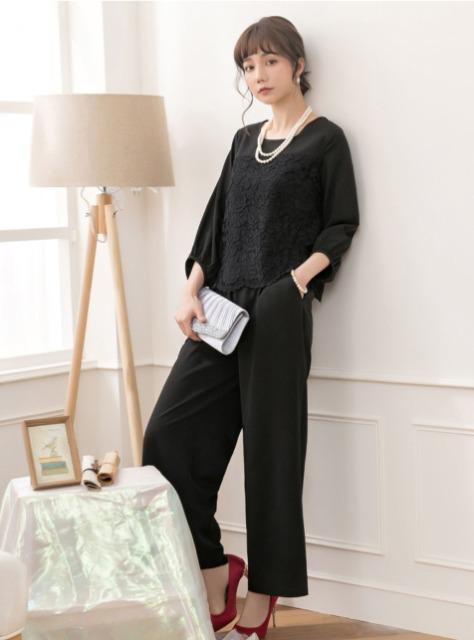 レーストップススラックスパンツのパンツドレス/大きめ XXL ブラック < 女性ファッション  レーストップススラックスパンツのパンツドレス/大きめ XXL ブラック < 女性ファッションの
