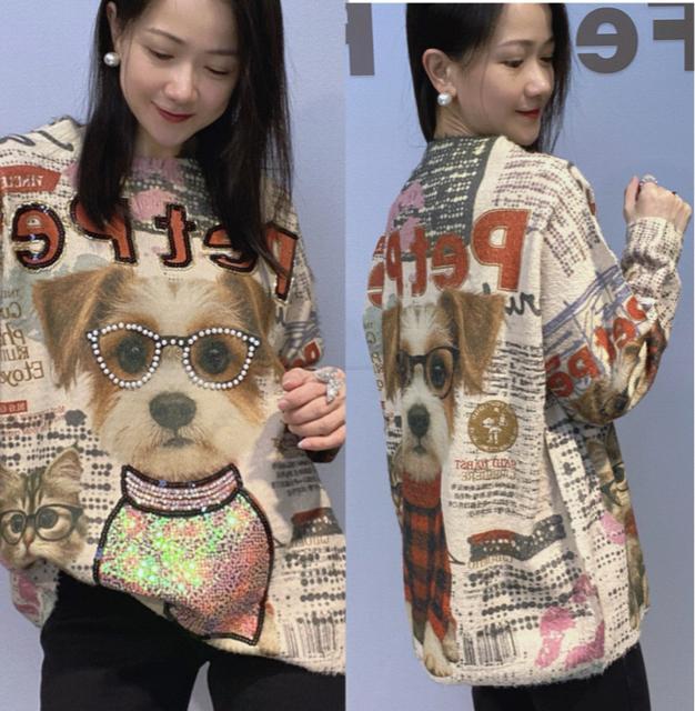 キラキラビーズ付き キュート犬猫柄 ニット セーター ベージュ系 大きいサイズ < 女性ファッション キラキラビーズ付き キュート犬猫柄 ニット セーター ベージュ系 大きいサイズ < 女性ファッションの