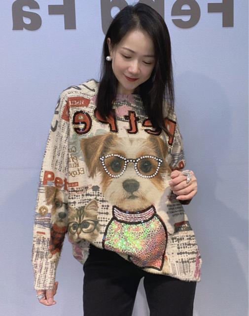キラキラビーズ付き キュート犬猫柄 ニット セーター ベージュ系 大きいサイズ < 女性ファッション キラキラビーズ付き キュート犬猫柄 ニット セーター ベージュ系 大きいサイズ < 女性ファッションの