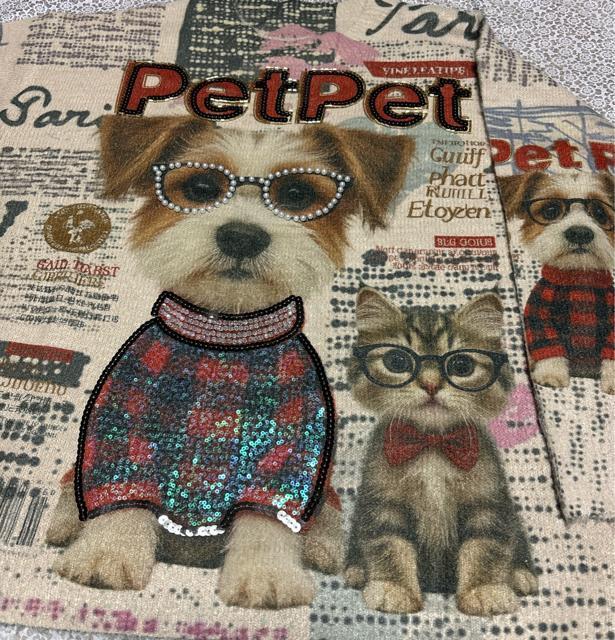 キラキラビーズ付き キュート犬猫柄 ニット セーター ベージュ系 大きいサイズ < 女性ファッション キラキラビーズ付き キュート犬猫柄 ニット セーター ベージュ系 大きいサイズ < 女性ファッションの