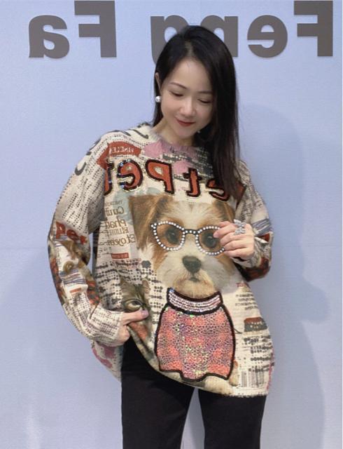 キラキラビーズ付き キュート犬猫柄 ニット セーター ベージュ系 大きいサイズ < 女性ファッション キラキラビーズ付き キュート犬猫柄 ニット セーター ベージュ系 大きいサイズ < 女性ファッションの