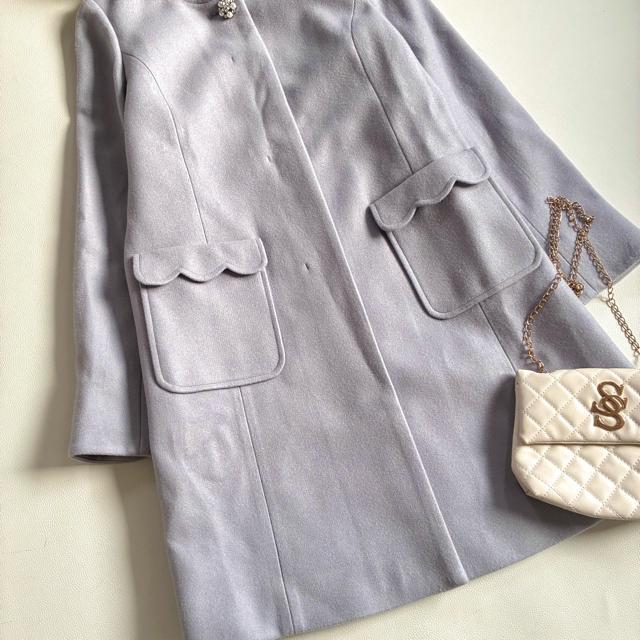 ◆美品◆ルーデルー◆3万◆ウール混フード付きロングコート◆パープル◆ビジュー◆L < 女性ファッション ◆美品◆ルーデルー◆3万◆ウール混フード付きロングコート◆パープル◆ビジュー◆L < 女性ファッションの