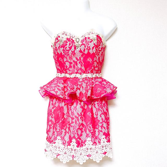 ピンク白フラワーレースパールビジュー2wayペプラムフレアリボン < 女性ファッション ピンク白フラワーレースパールビジュー2wayペプラムフレアリボン < 女性ファッションの