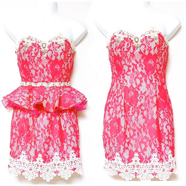 ピンク白フラワーレースパールビジュー2wayペプラムフレアリボン < 女性ファッション ピンク白フラワーレースパールビジュー2wayペプラムフレアリボン < 女性ファッションの