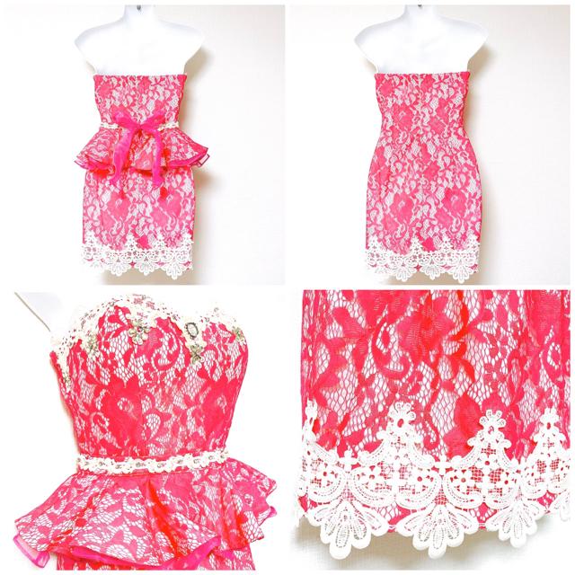 ピンク白フラワーレースパールビジュー2wayペプラムフレアリボン < 女性ファッション ピンク白フラワーレースパールビジュー2wayペプラムフレアリボン < 女性ファッションの