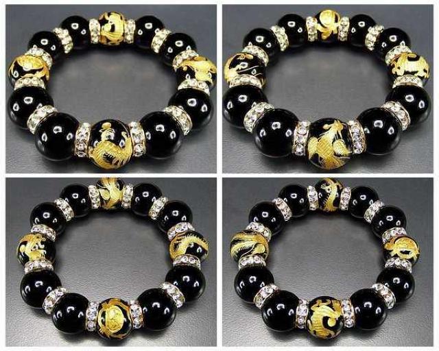 豪華超迫力金箔四神18mm弱オニキス手彫高級ロンデル天然石数珠ブレスレット < 男性アクセサリー/時計 豪華超迫力金箔四神18mm弱オニキス手彫高級ロンデル天然石数珠ブレスレット < 男性アクセサリー/時計の