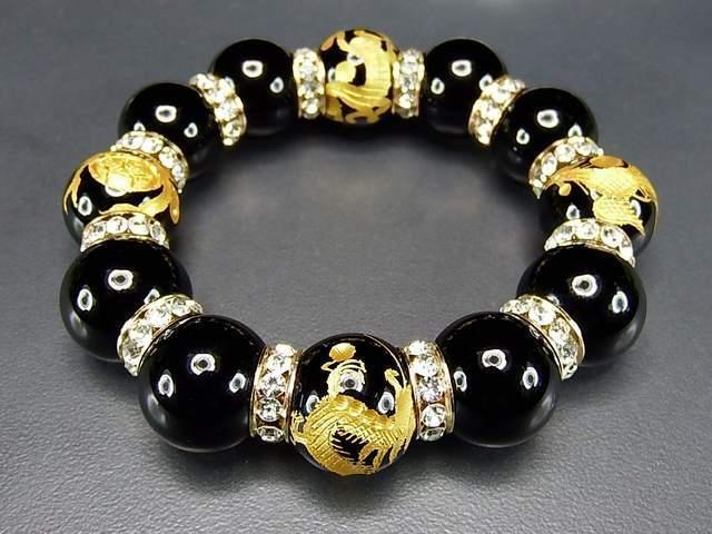豪華超迫力金箔四神18mm弱オニキス手彫高級ロンデル天然石数珠ブレスレット < 男性アクセサリー/時計 豪華超迫力金箔四神18mm弱オニキス手彫高級ロンデル天然石数珠ブレスレット < 男性アクセサリー/時計の