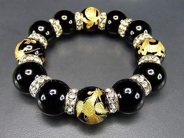 豪華超迫力金箔四神18mm弱オニキス手彫高級ロンデル天然石数珠ブレスレット < 男性アクセサリー/時計 豪華超迫力金箔四神18mm弱オニキス手彫高級ロンデル天然石数珠ブレスレット < 男性アクセサリー/時計の