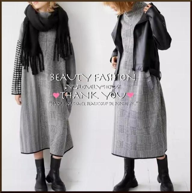 〜3L4L5L*千鳥格子ヘリンボーンMIX切替ハイネックニットワンヒ < 女性ファッション 〜3L4L5L*千鳥格子ヘリンボーンMIX切替ハイネックニットワンヒ < 女性ファッションの