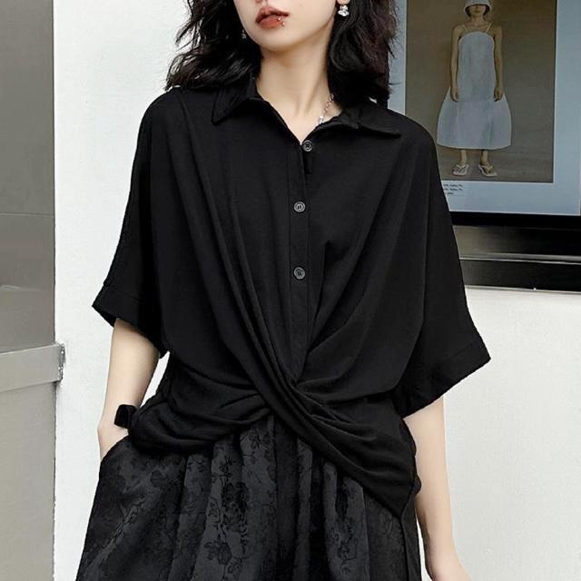 シャツ ブラウス フロントボタン 裾不規則 ブラック 大きいサイズ < 女性ファッション  シャツ ブラウス フロントボタン 裾不規則 ブラック 大きいサイズ  < 女性ファッションの