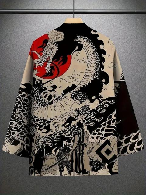 爆ヤス価格1590円★斬新な3Dドラゴン柄プリント和装着物、オープンフロントカーデ、メンズ USAサイズM(日本サイズXL相当) < 男性ファッション  爆ヤス価格1590円★斬新な3Dドラゴン柄プリント和装着物、オープンフロントカーデ、メンズ USAサイズM(日本サイズXL相当) < 男性ファッションの