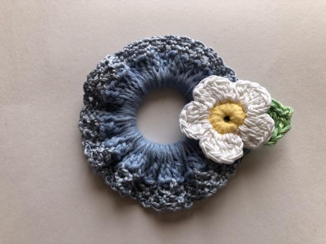 ハンドメイド ミニ シュシュ コットン ガーリー お花 ブルー < 女性ファッション  ハンドメイド ミニ シュシュ コットン ガーリー お花 ブルー  < 女性ファッションの