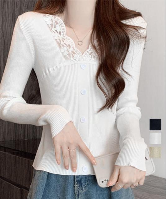 送料無料 新品 ニットトップス Vネック レース切替え < 女性ファッション  送料無料 新品 ニットトップス Vネック レース切替え  < 女性ファッションの