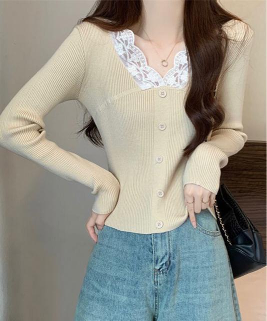 送料無料 新品 ニットトップス Vネック レース切替え < 女性ファッション  送料無料 新品 ニットトップス Vネック レース切替え < 女性ファッションの